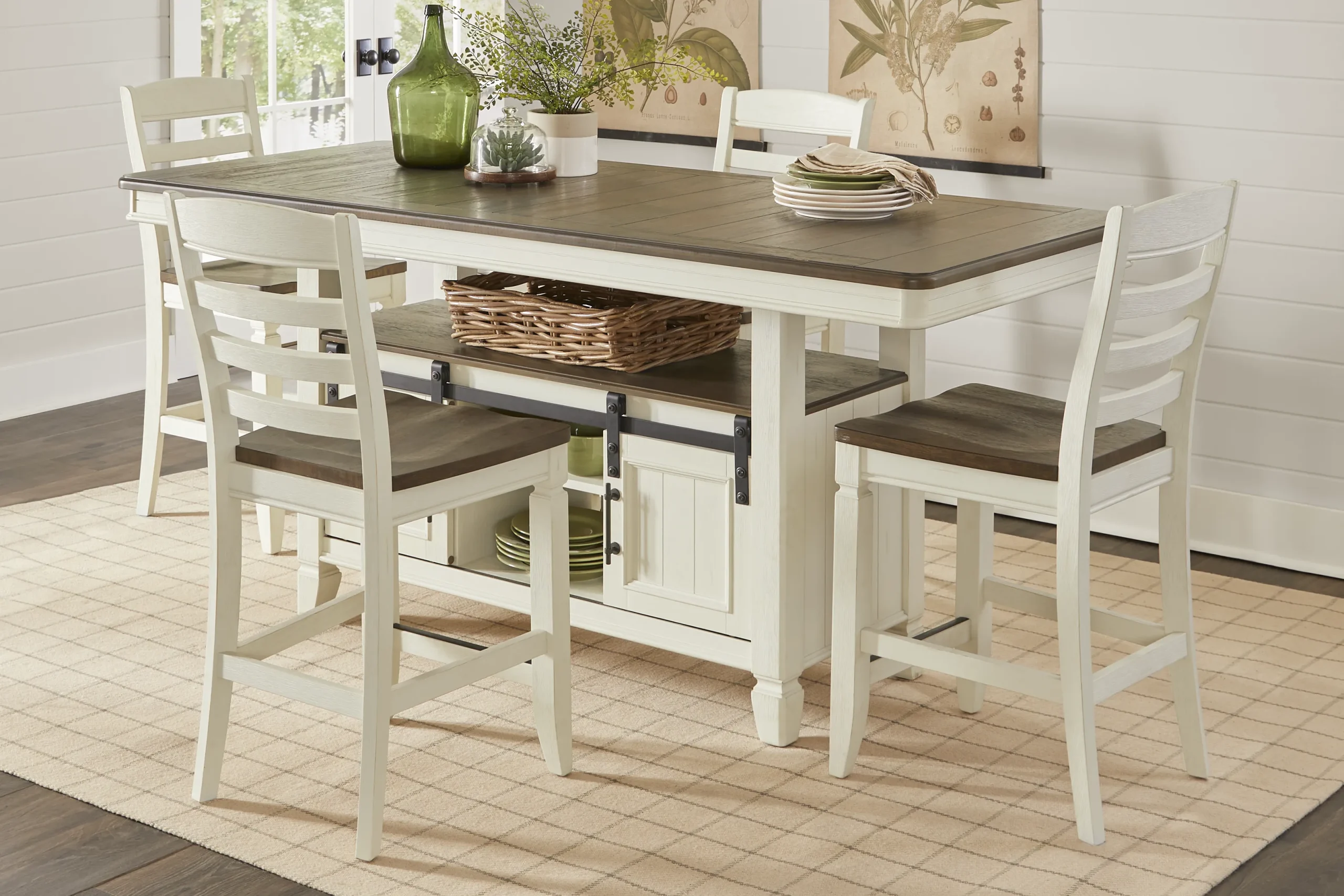 Country Lane Antique White 5 Pc Counter Height Storage Dining Room with Ladder Back Stools