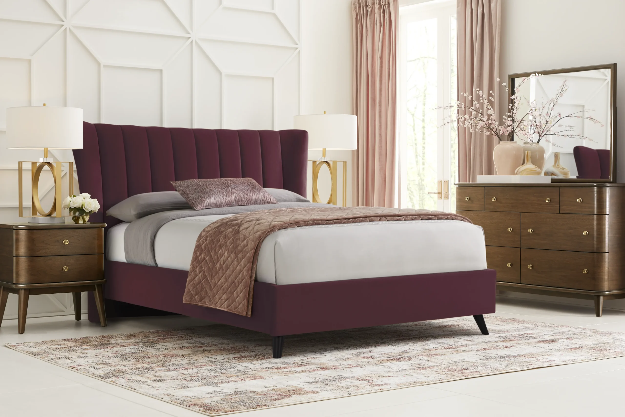 Devon Loft Walnut Finish 7 Pc Bedroom with Nanton Park Red King Upholstered Bed