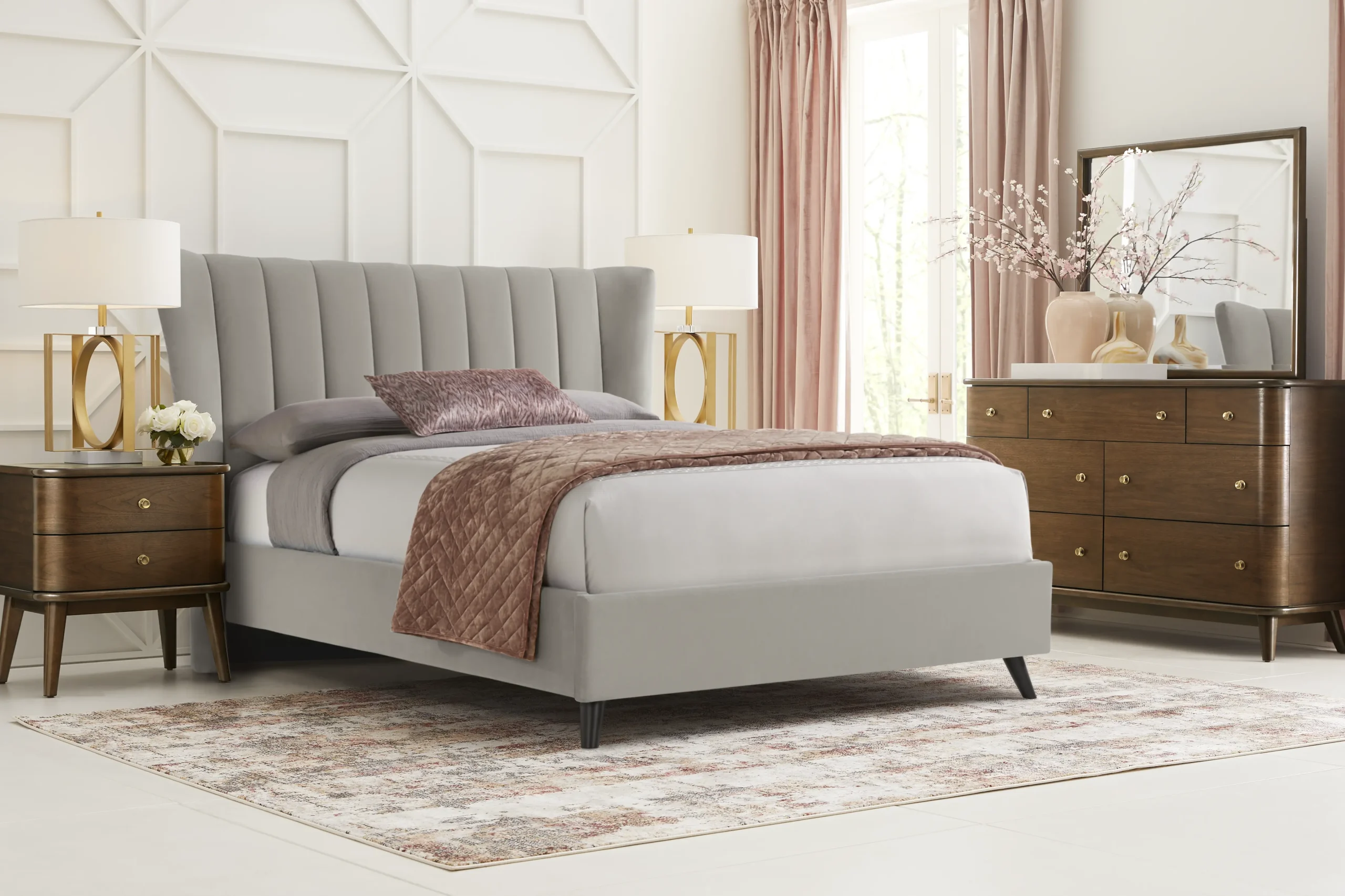Devon Loft Walnut Finish 5 Pc Bedroom with Nanton Park Gray King Upholstered Bed