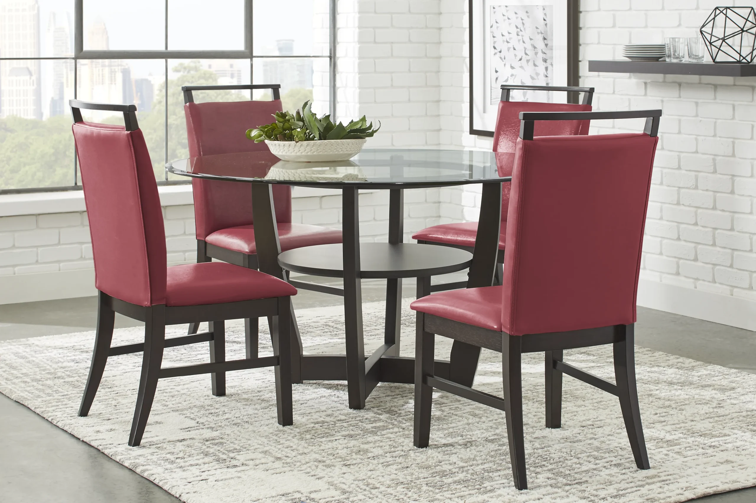 Ciara Espresso 5 Pc 54" Round Dining Set with Red Chairs