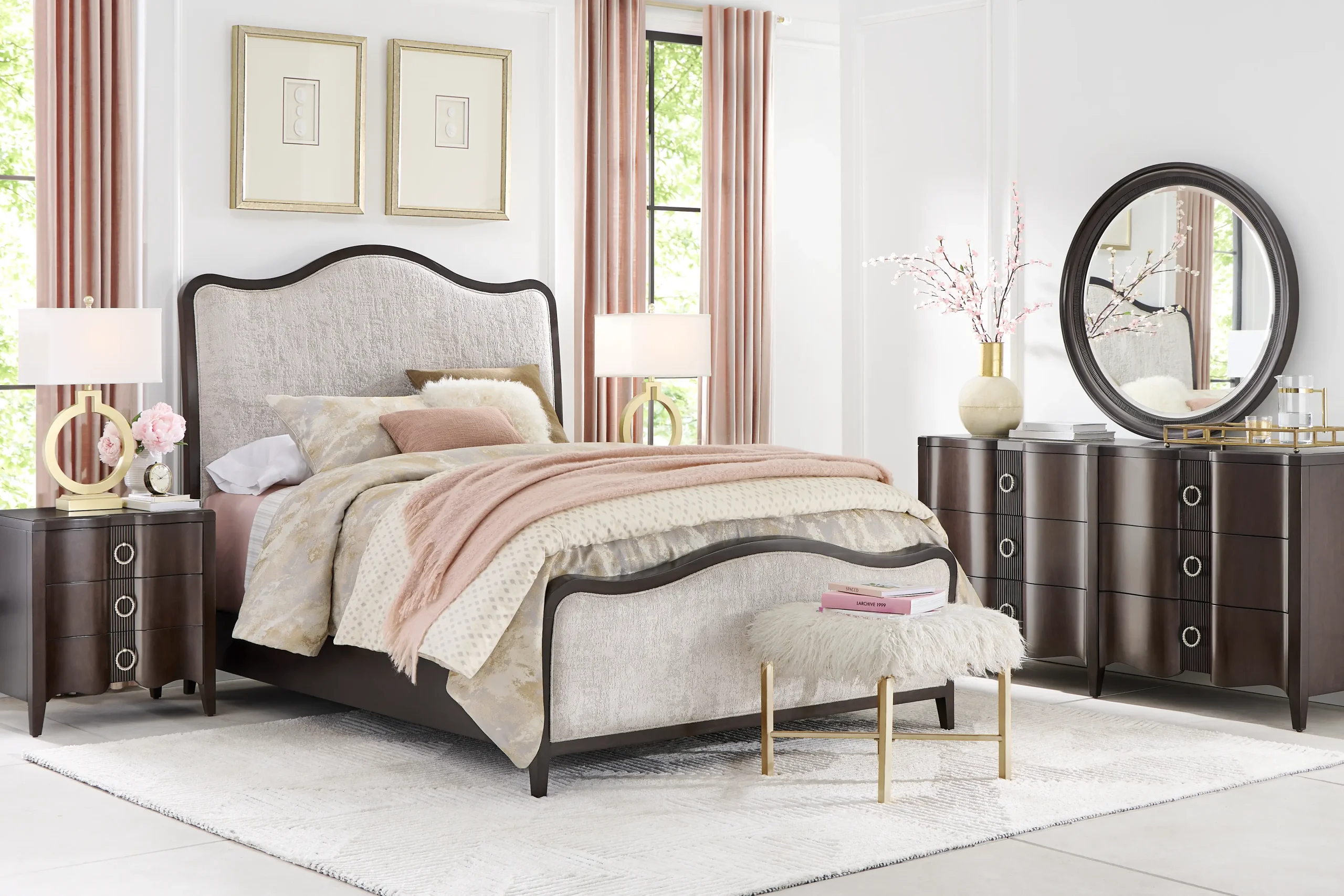 Bradbury Brown Cherry Finish 7 Pc King Upholstered Bedroom