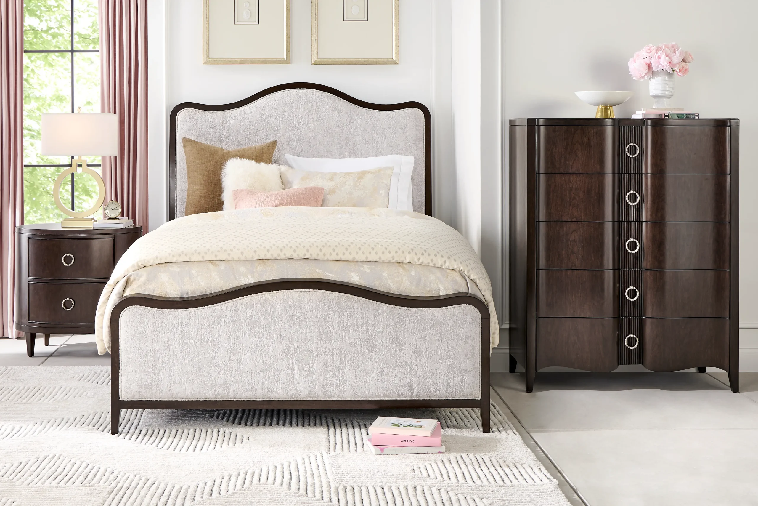 Bradbury Brown Cherry Finish 5 Pc Queen Upholstered Bedroom