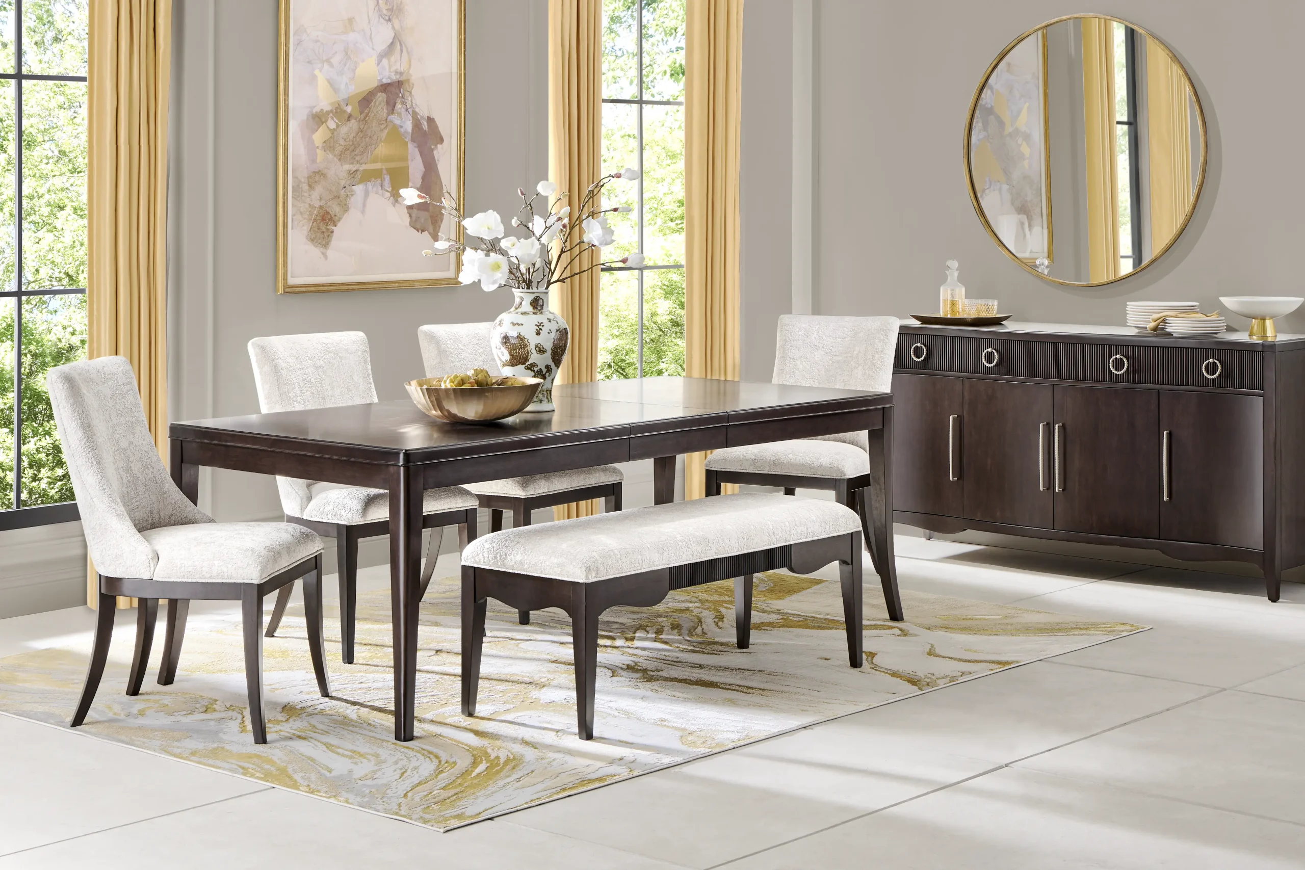 Bradbury Brown Cherry Finish 6 Pc Dining Room with Upholstered Chairs and Bench