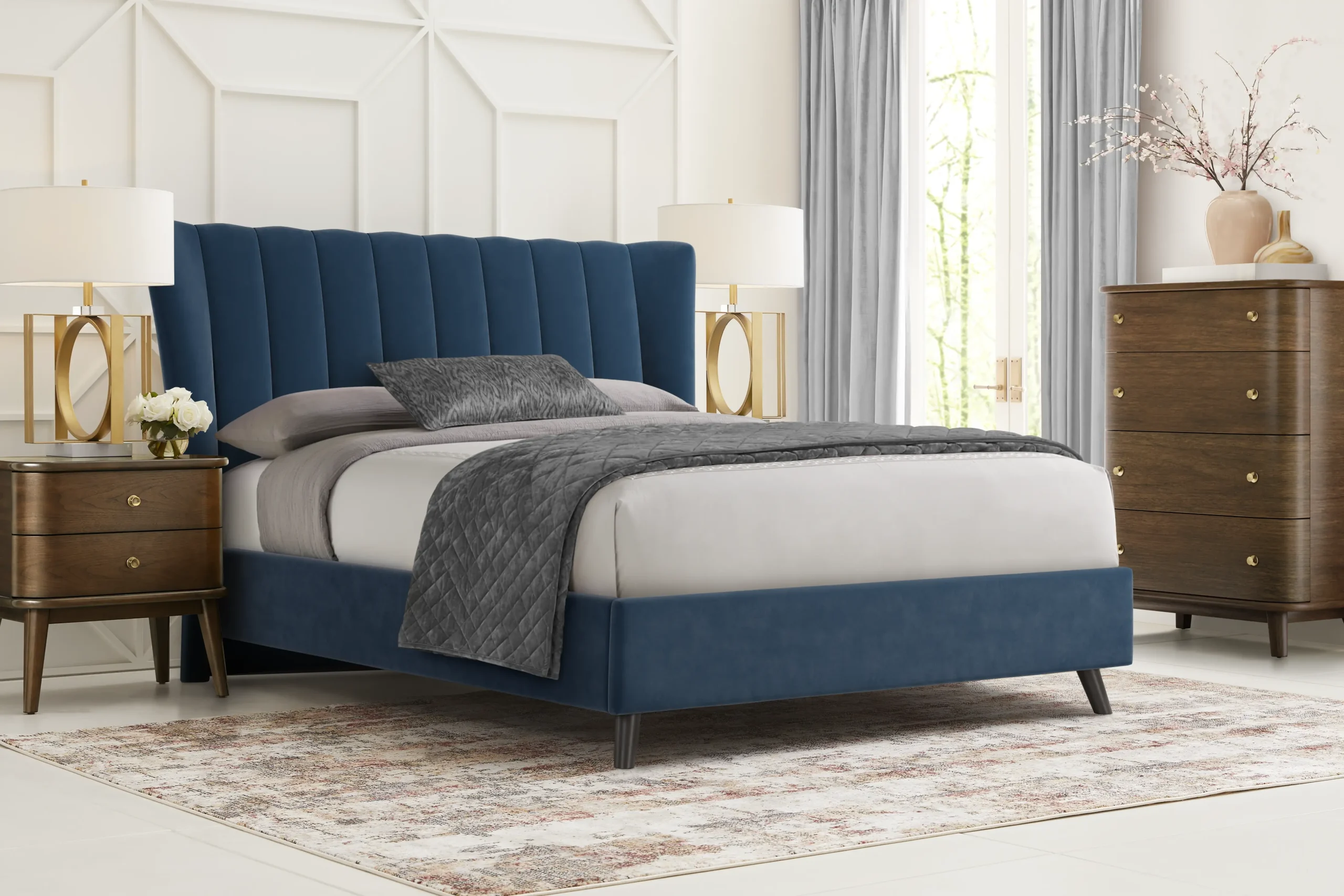 Devon Loft Walnut Finish 5 Pc Bedroom with Nanton Park Blue King Upholstered Bed