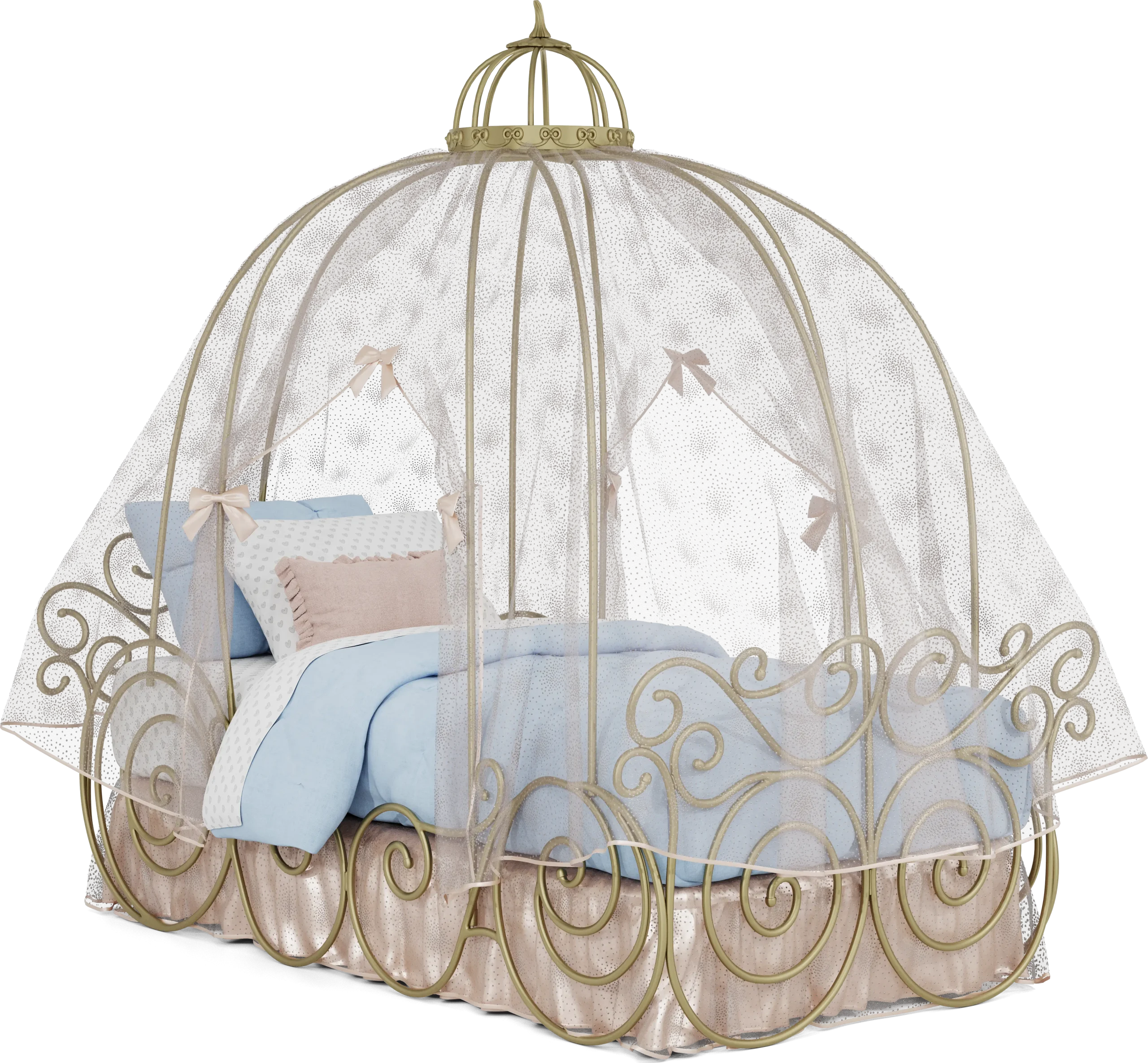Disney Princess Royal Gold Twin Carriage Bed with Pink Canopy and Bed Skirt