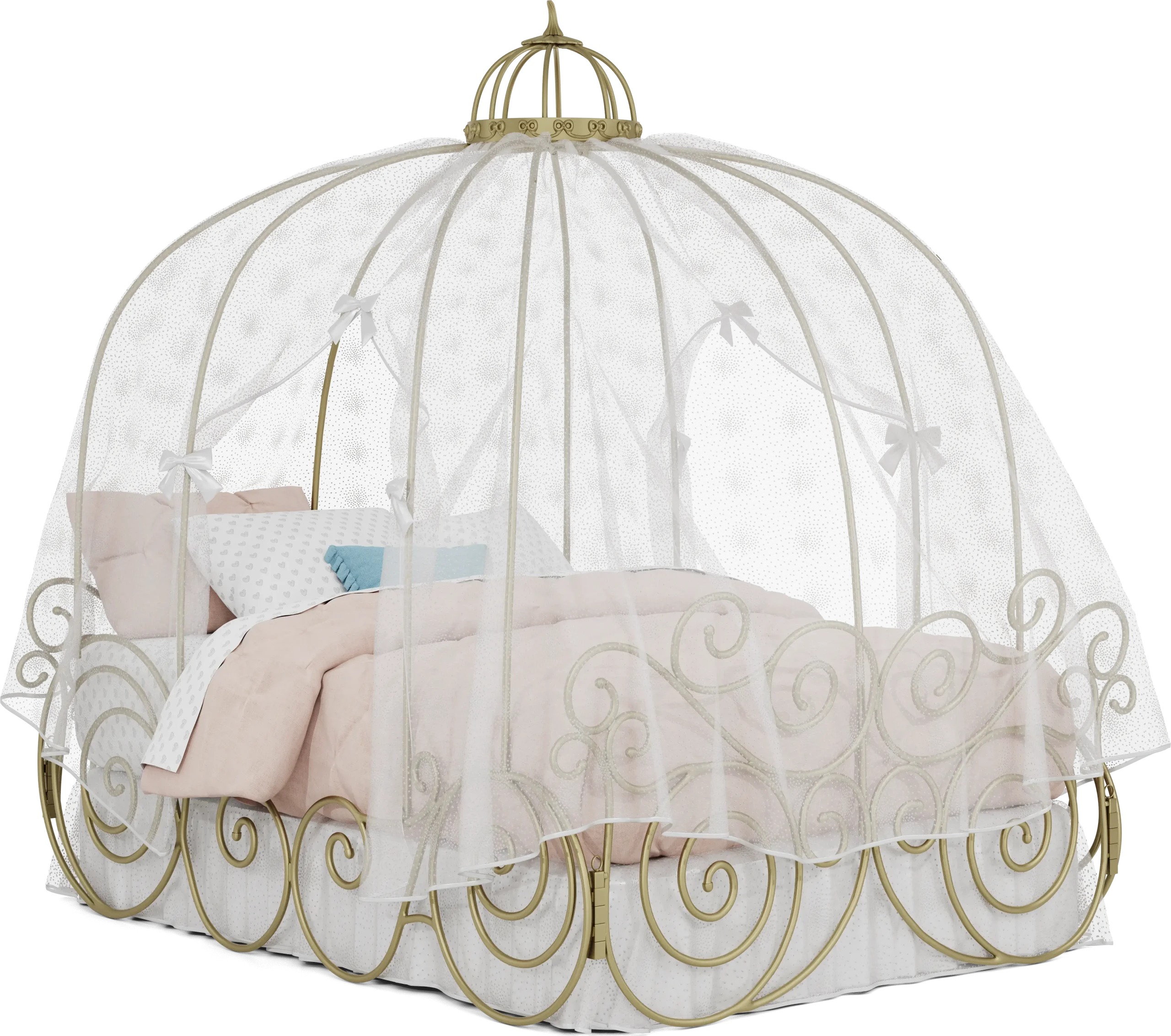 Disney Princess Royal Gold Full Carriage Bed with White Canopy and Bed Skirt