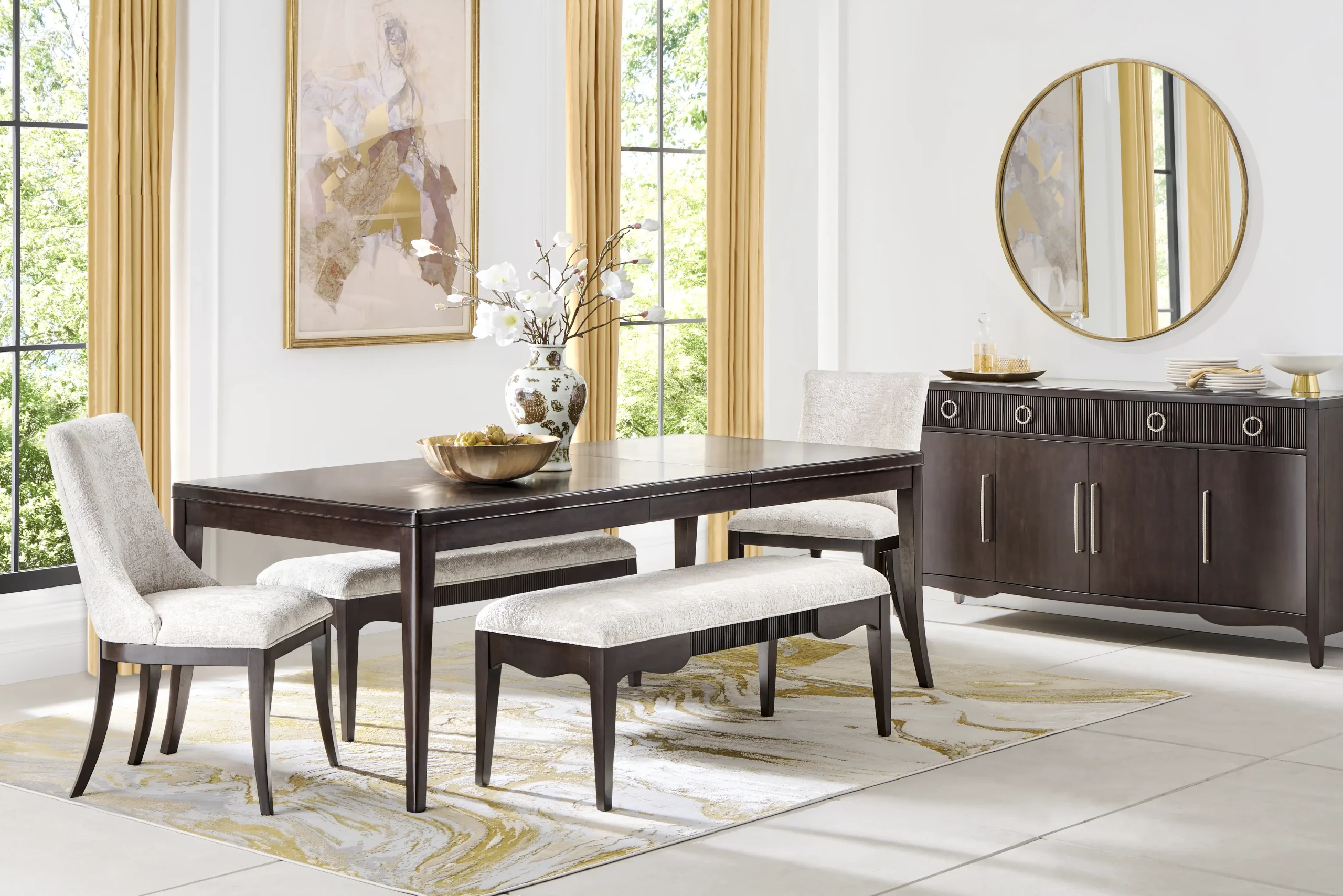 Bradbury Brown Cherry Finish 5 Pc Dining Room with Upholstered Chairs and Benches