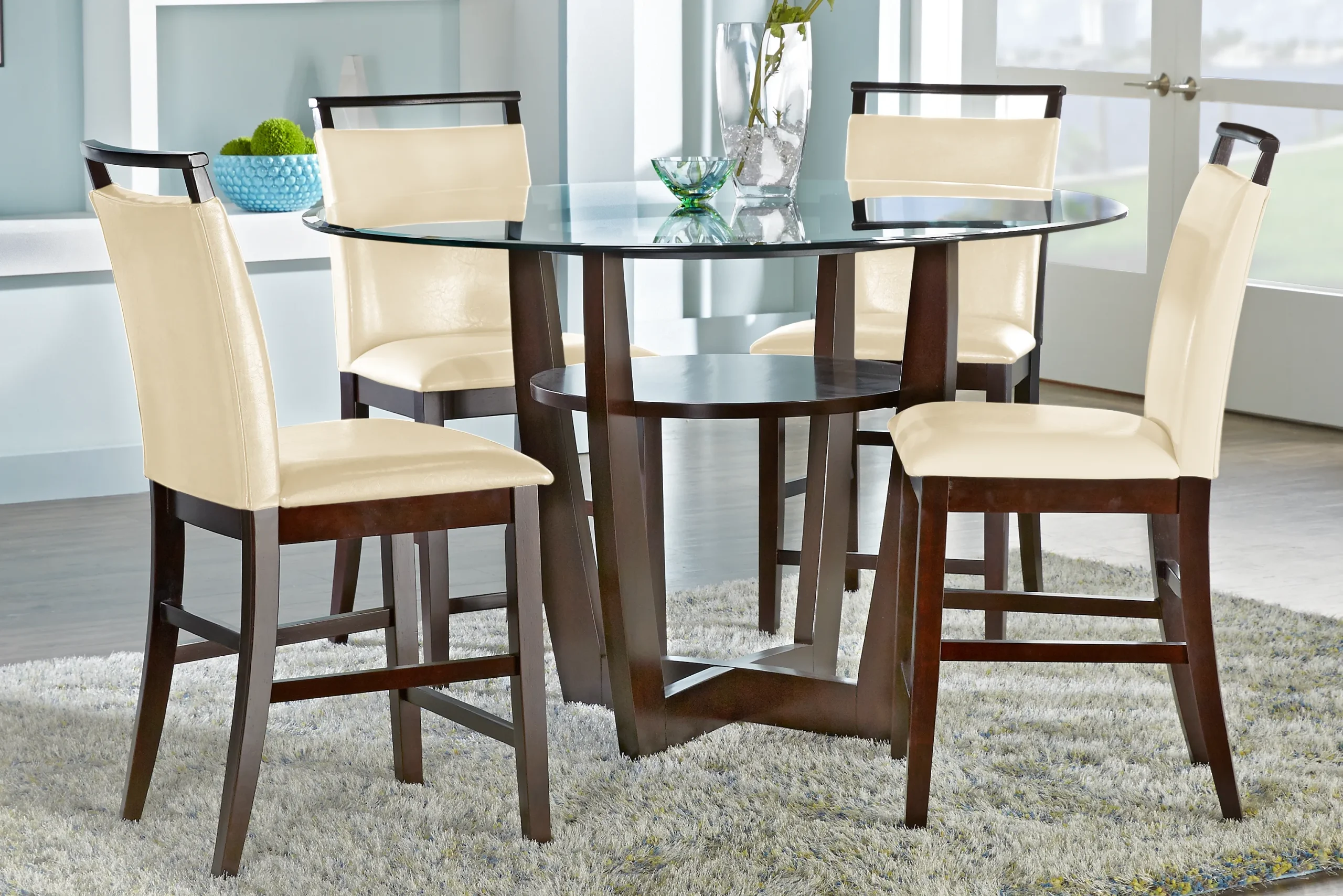 Ciara Espresso 5 Pc 54" Round Counter Height Dining Set with Cream Stools