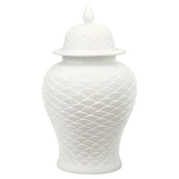 Legends of Asia White Carved Seawave Temple Jar
